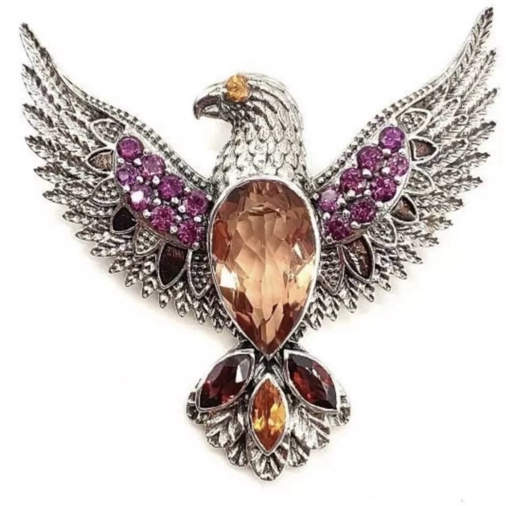 🌟NWT NICKY BUTLER Sterling Silver Sunset Quartz Garnet Eagle Brooch Patr…